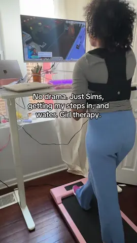 Girl therapy = pretty desk set-up, Sims 4, my Stanley cup water, and walking pad.  #desksetup #deskorganization #sims4 #wfhlife #wfh #pinkdesksetup #softlife 