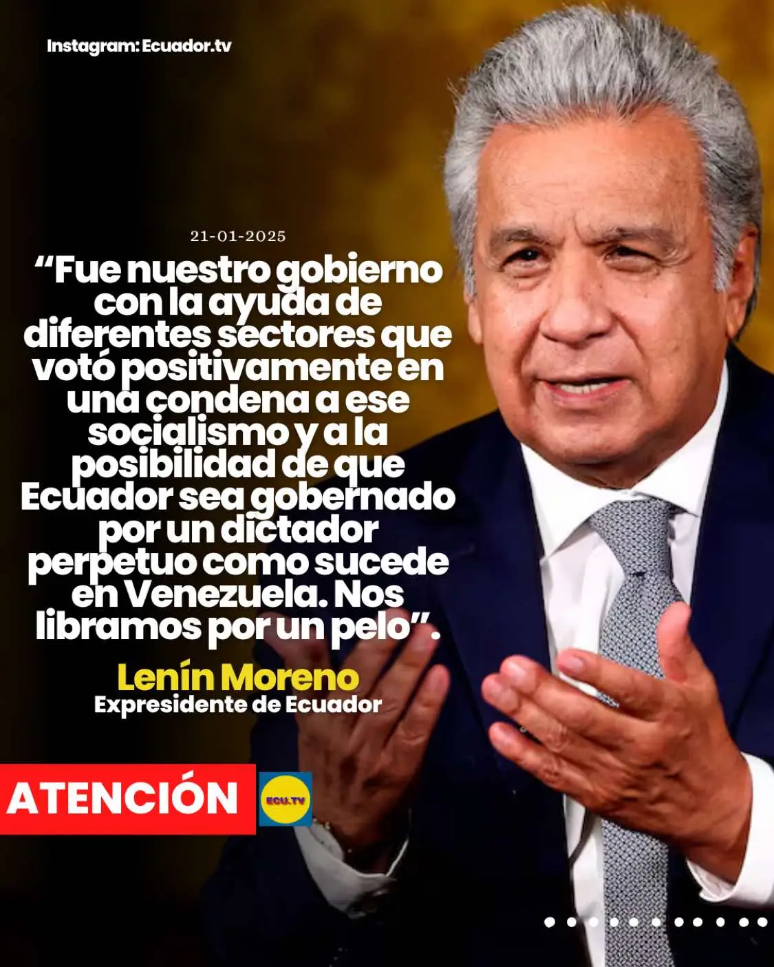 #ATENCIÓN | “Nos liberamos de un dictador que quería convertir a Ecuador en Venezuela” 🚨.  “Nos libramos por un pelo”, dijo el expresidente de la República, #LenínMoreno, resaltando que su gobierno, con la ayuda de diferentes sectores, votó para que #Ecuador no sea un país socialista. El exmandatario indicó que aquello, también evitó que el país sea gobernado por un “dictador perpetuo” como ocurre actualmente en #Venezuela.