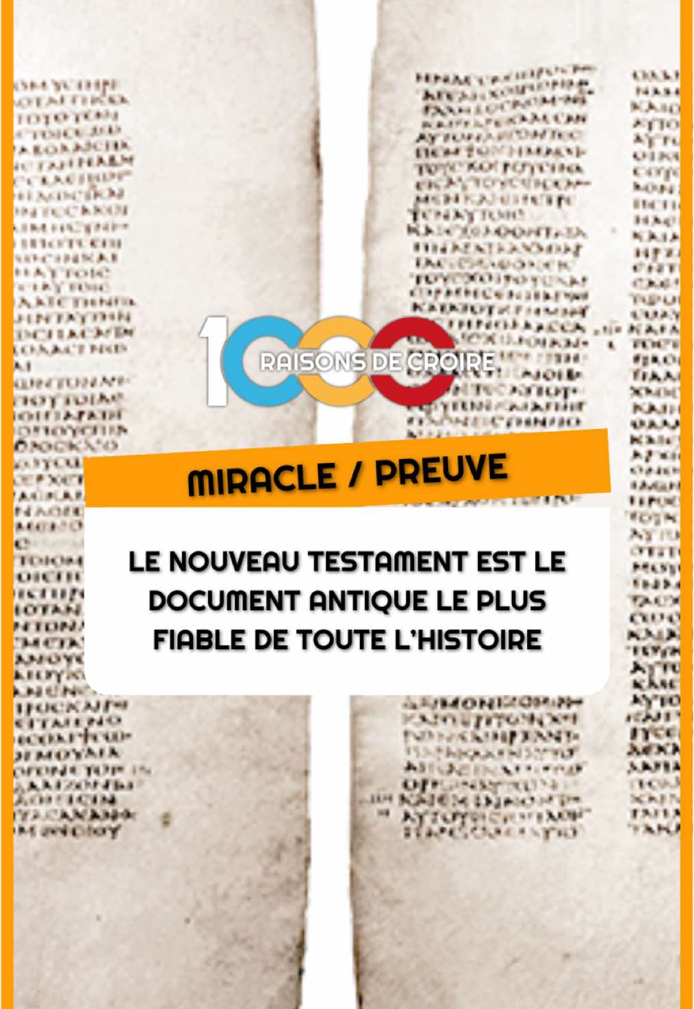 Les documents du Nouveau Testament sont mieux attestés que tout autre ouvrage de l’Antiquité. Nous avons au total plus de 24 000 manuscrits, dont 5 800 en grec, 10 000 en latin et entre 500 et 1 000 en d’autres langues. Il est possible de reconstruire le texte original à 99,5 % d’exactitude. Seules quelques micro variantes restent encore non résolues par la critique textuelle sans que cela n’affecte aucun aspect de la doctrine chrétienne. Il est aujourd’hui reconnu que le Nouveau Testament est le texte le mieux attesté de toute l’Antiquité. #Dieu #TikTokChretien #Christianisme #Chretien #1000RaisonsdeCroire #Bible #NouveauTestament 