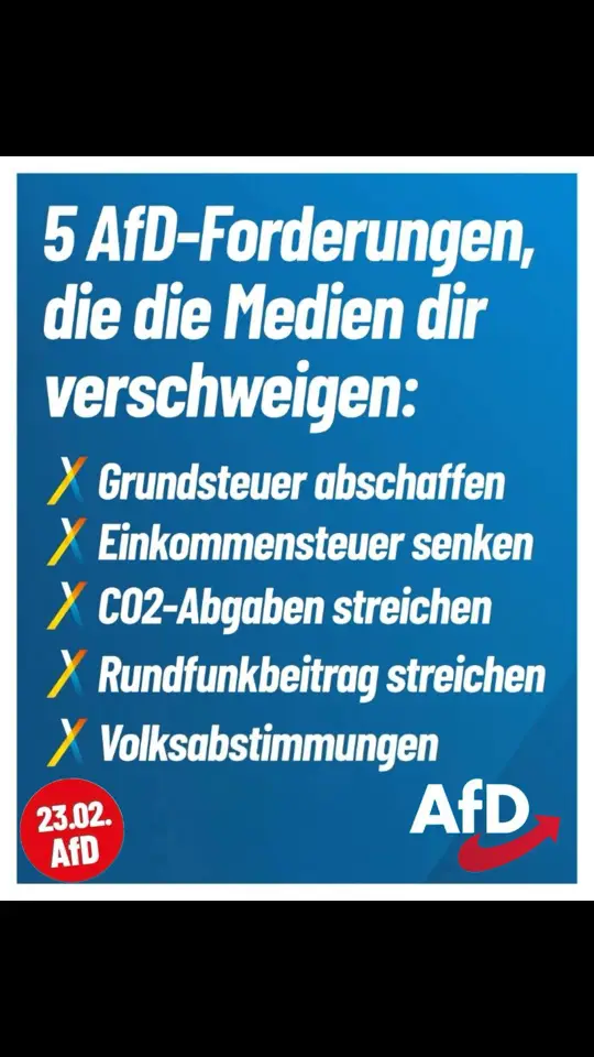 Dafür steht die AfD:  💙 Weniger Steuern 💙 Weniger Bevormundung 💙 Mehr Freiheit 💙 Mehr Sicherheit 💙 Mehr direkte Demokratie Das muss dieser angebliche 