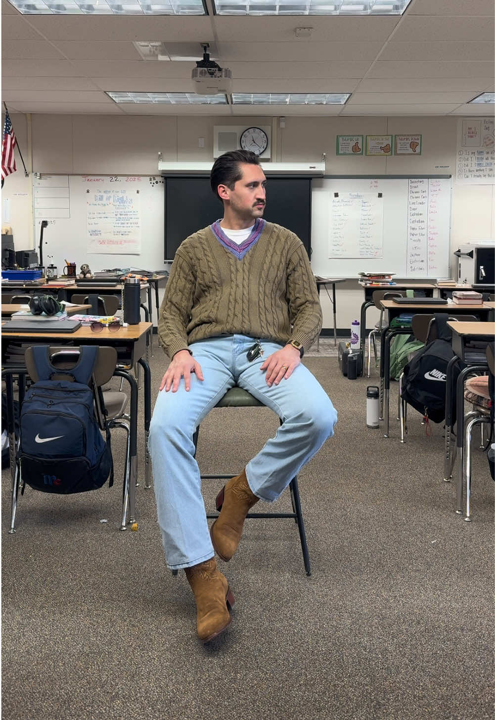 I wish this sweater had the same stripes around the neck on the sleeve cuffs and around the bottom. Usually tennis sweaters or you might hear them called cricket sweaters have those stripes. But hey not bad for a few bucks at a thrift store. #vintagefashion #mensfashion #teacheroutfit #teacherootd #menswear #mensstyle 