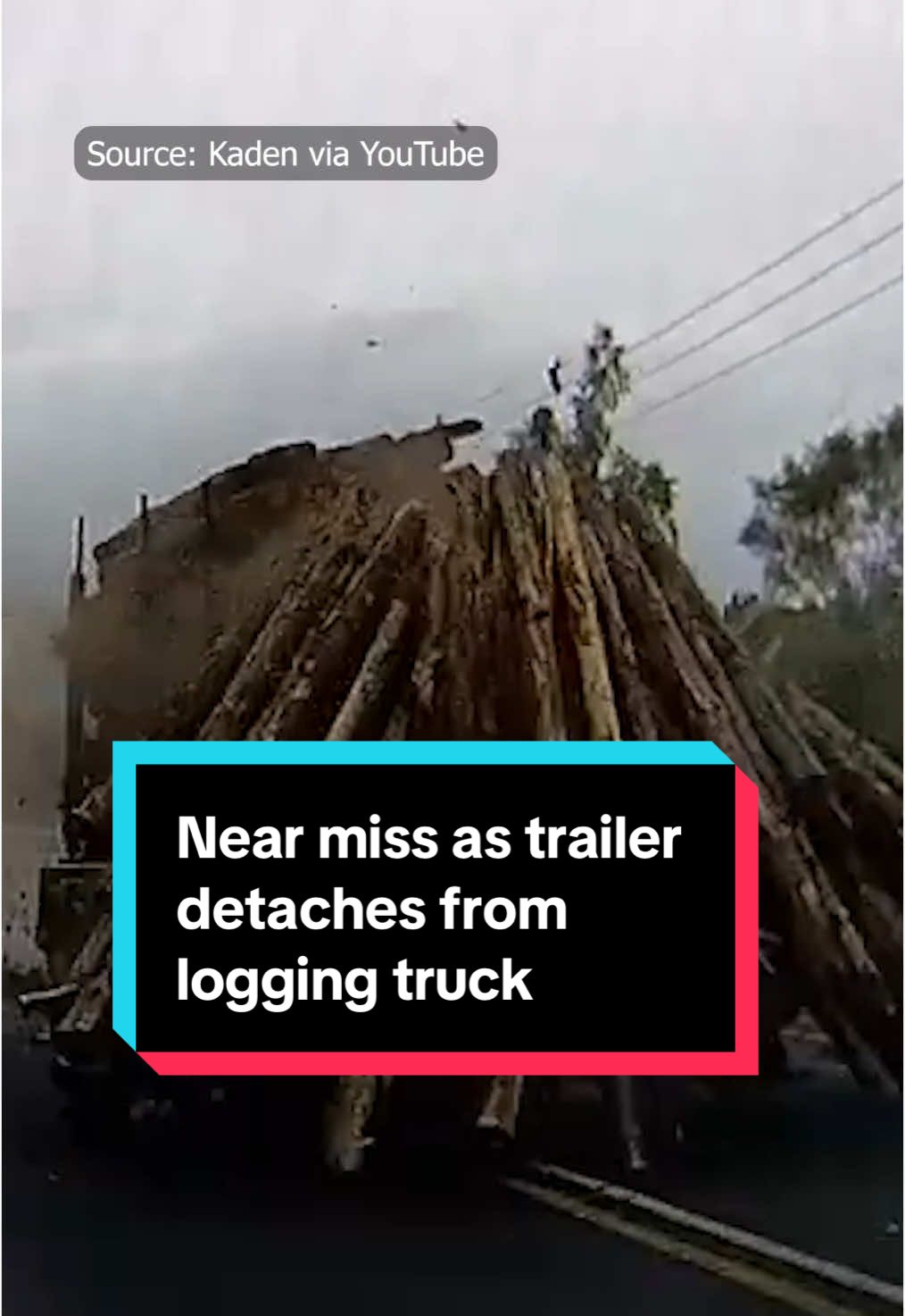 Video has emerged online of a near miss involving two logging trucks and another vehicle after a trailer became detached, leaving its contents sprawled all over the road.⁠ ⁠ Dashcam footage showed the trailer of a logging truck detaching before it hit another oncoming logging truck heading in the opposite direction.⁠ ⁠ The trailer then narrowly missed hitting a vehicle that was following from behind, and forced the driver to take evasive action as dozens of logs spilt onto the road.⁠ ⁠⁠ 📹️ Kaden via YouTube #nz #dashcam #nzstuff 