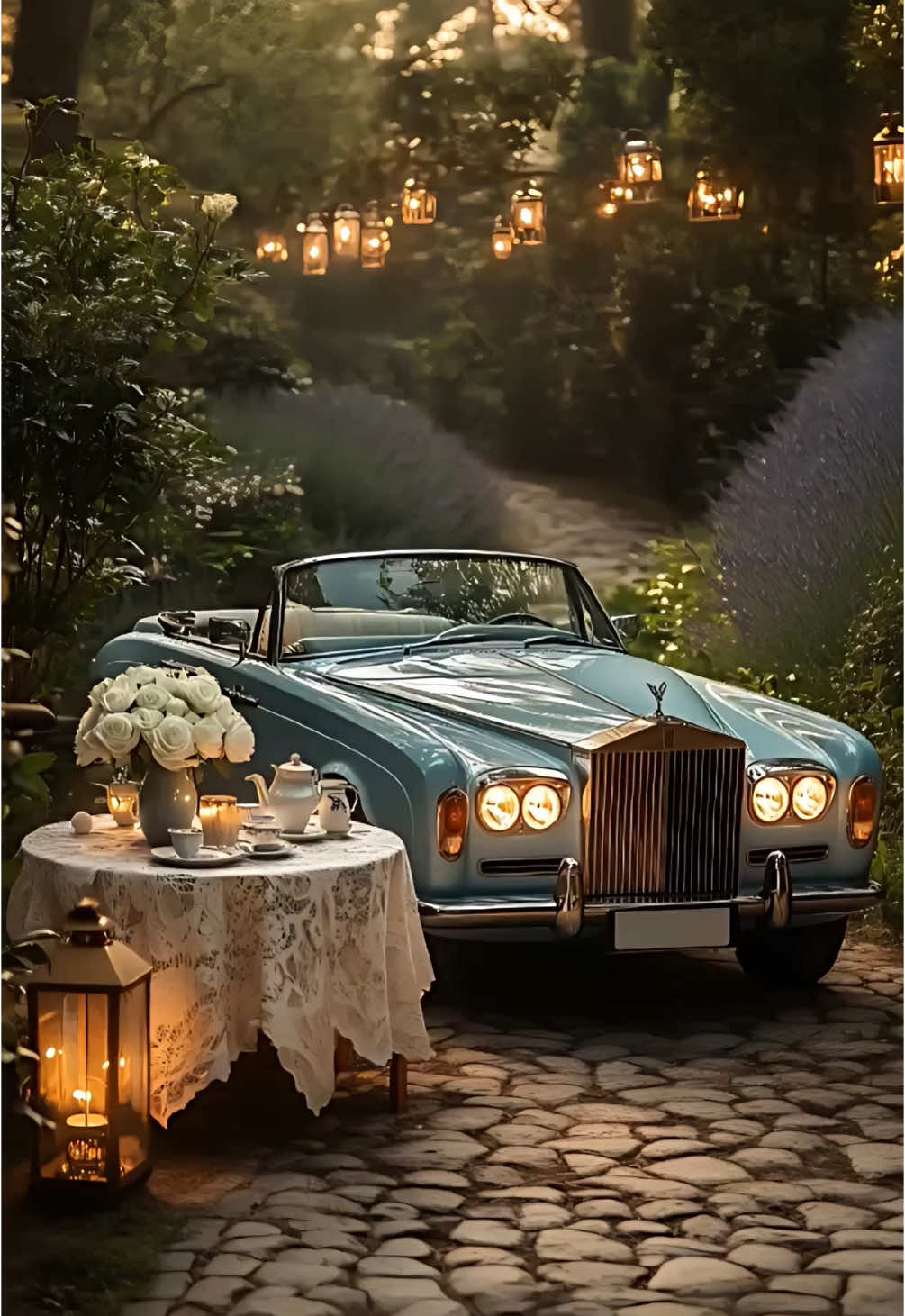 Timeless Elegance in a Hidden Garden . . . . #TimelessLuxury #RomanticVibes #LuxuryEscape #vintagecar #dreamy #CypressTrees #classic #classiccars #luxurycars #vintage #dreamhome #luxuryhomes #valentines 