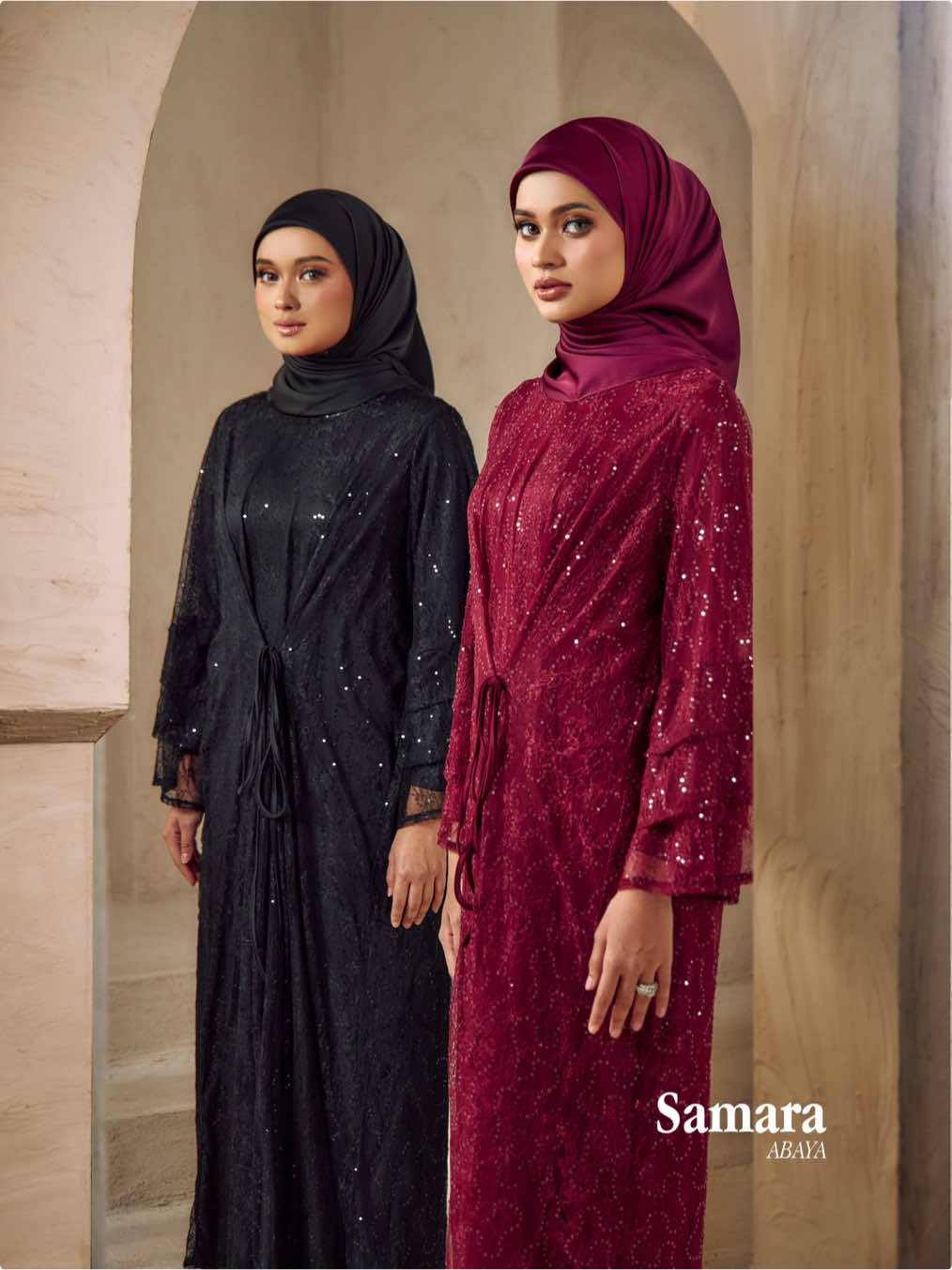 Achieve this effortless look with the Samara Abaya, paired with the Janna Lace Shawl launching next week. With its fully lined design and adjustable tie, the Samara Abaya is available now in stores and online. #abaya #dress #modestfashion 