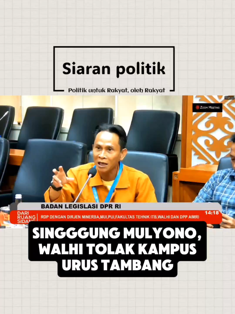 Deputi Eksternal Eksekutif Nasional Walhi Mukri Friatna menyebut pihaknya menolak wacana perguruan tinggi diberikan hak mengelola tambang. Mukri bahkan sampai meminta DPR tidak mengikuti jejak Mulyono yang dianggap merusak republik. Hal itu dikatakan dia saat hadir dalam rapat pleno dengan Badan Legislasi (Baleg) DPR RI di Kompleks Parlemen, Senayan, Jakarta, Kamis (23/1). #tambang #universitas #mulyono #ruuminerba 