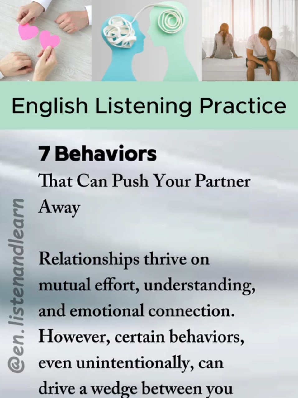 7 Behaviors that can push your partner away. Relationship Advice. Improve your English skills by listening 🎧 and speaking 🗣️ practice by English narration and short story  #englishlistening #englishspeaking #dailyenglish #englishpractice #speakenglishfluently #englishstory #behaivior #relationshipstorytime #relationshipthings #relationshiptok #relationshipadvice 