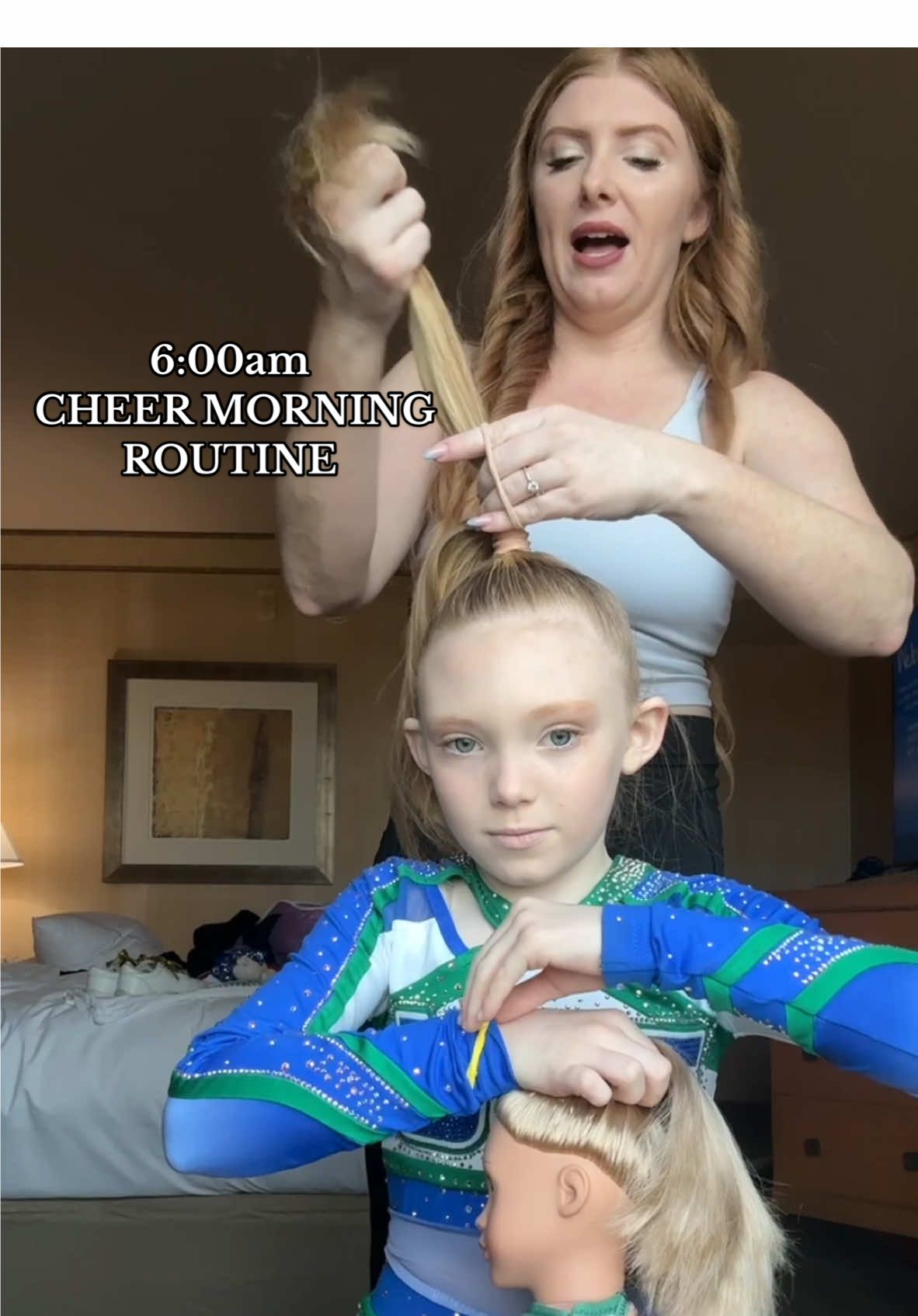 Update: it didn’t work 🥲 6:00am CHEER MOM morning routine…my 8 yr old doesn’t even let me “help” anymore, she’s got it I guess 🫠 #grwm #cheermom #tarte #americangirl #girlstrip #addiethebaddie #teasedhair #genalpha #millennialmom #heatlesscurls 