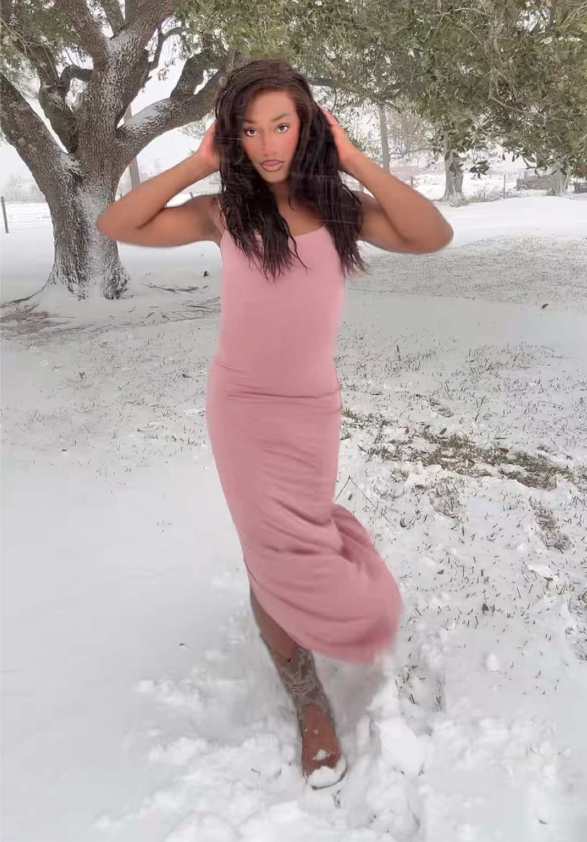 Long pink dress and some cowgirl boots ❄️🥾💓 #blackgirl #model #miahkaela #winter #snow 