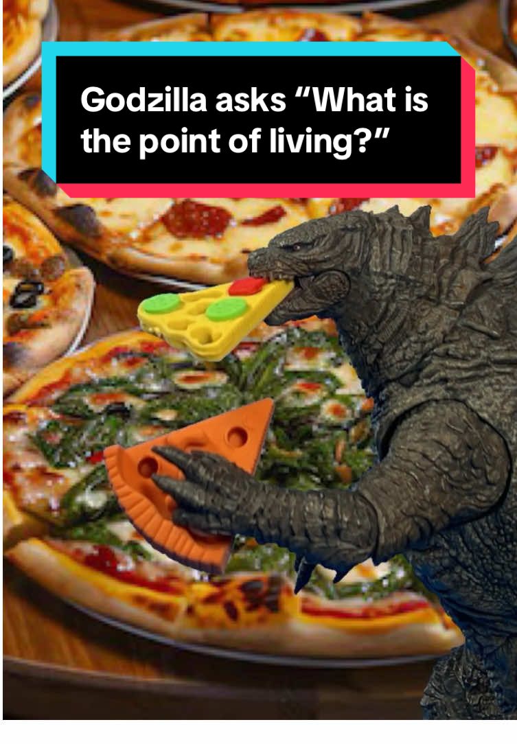 Godzilla asks “What is the point of living?” And the answer is pizza. #godzilla #stopmotion #shmonsterarts #hiyatoys #living #pizza 