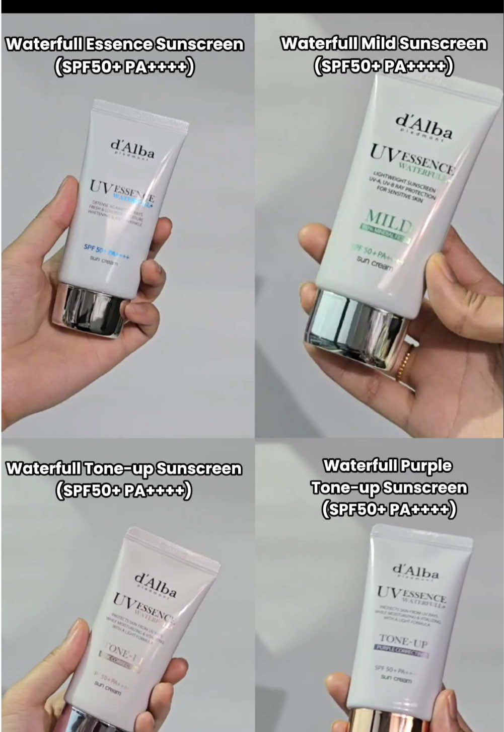 d'Alba Vegan Sunscreens: Essence Sunscreen: SPF50+ PA++++, Chemical, Hydrating, glowy finish. Tone-up Sunscreen: SPF50+ PA++++, Hybrid, Sweat-proof, pink tone finish. Purple Tone-up: SPF50+ PA++++, Hybrid, Fresh, natural tone-up for yellow skin. Mild Sunscreen: SPF50+ PA++++, Mineral, Gentle for sensitive skin & kids #dalbamalaysia #sunscreen #hybrid #mineral #toneup  