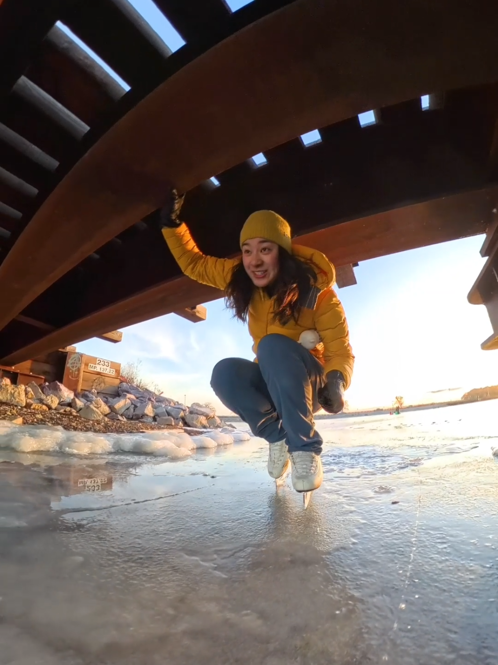 The ice cracking and bubbling 😳 It's all part of the wild ice fun! Sometimes, to get to beautiful sheets of ice, I'm hiking in or traversing jungle ice. This one was interesting because I was skating under some train tracks! 🚂 ⚠️ Do not try this! The actions in this video were done by a professional and after many safety measures were performed. I am trained in self rescue, ice safety, and have a lot of knowledge about ice. There's no such thing as 100% safe, but I am aware of the risks and am prepared in case something goes wrong. #wildice #wildiceskating #IceSkating #figureskating #skating #ice #frozen #lake #winter #traintracks #adventure #athlete #extremesports #theworldwithangelina 