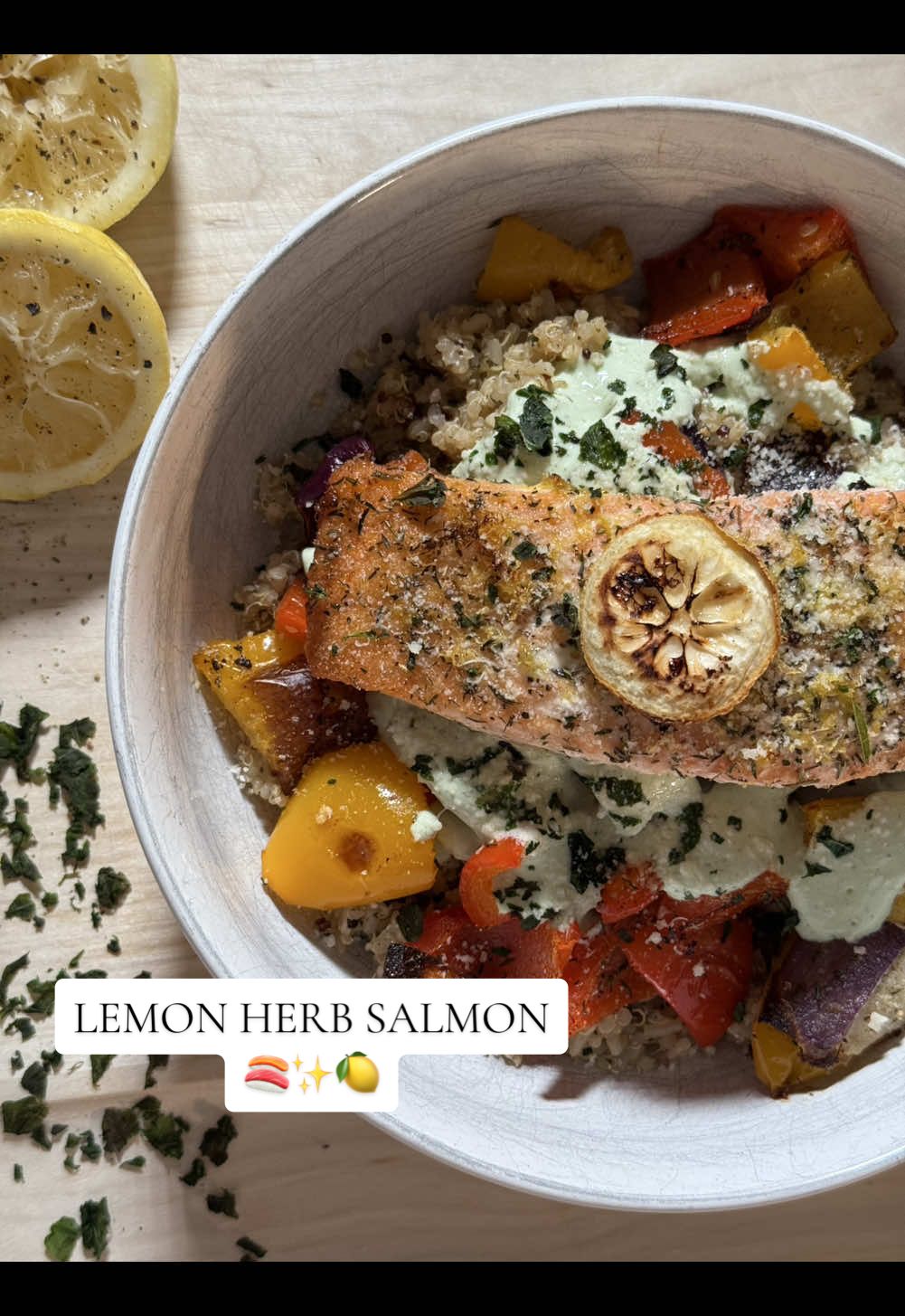 Lemon herb salmon bowl 🍣✨🍋 recipe below!!  Ingredients: @Drink Poppi for the good vibes 3 tbsp @Good Culture eese  1 garlic clove Juice of 1 lemon Zest of 1 lemon  A bunch of fresh basil  Dried thyme  Drizzle of @Mike’s Hot Honey  1/2 red onion, cubed 1/2 yellow onion, cubed  1 red bell pepper, cubed  1 yellow bell pepper, cubed  @NearEastProducts ce  Grated parmesan cheese  Seasonings: @Graza olive oil, onion powder, salt, pepper Instructions: 1. In a blender, combine cottage cheese, lemon juice, basil, 1 tsp thyme leaves, honey, and a little water and blend until smooth  2. Season salmon on both sides with above seasonings and thyme leaves, then top with lemon zest and olive oil 3. Bake salmon at 425° for about 10-15 minutes 4. Season onions and bell peppers with above seasonings, thyme leaves, and olive oil and bake at 425° until crispy 5. Prepare quinoa as directed 6. Assemble and top with sauce and Parmesan cheese  7. Enjoy 😚  #DinnerIdeas #mealideas #healthyrecipes #easydinnerrecipes #healthydinner #easydinner 