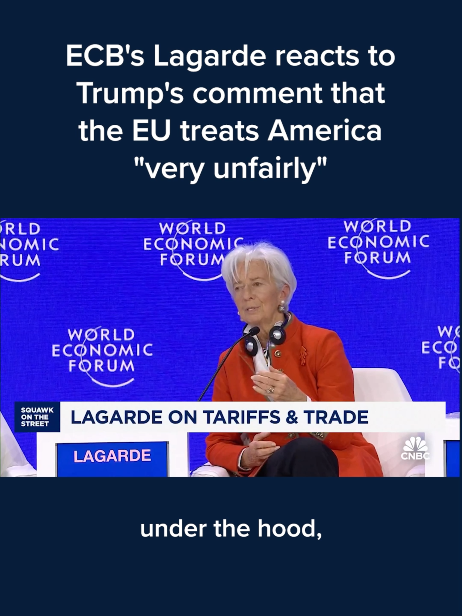 European Central Bank President Christine Lagarde addresses President Trump's remarks criticizing the European Union for what he claims is an unequal trade relationship.  Find more of what Trump said about the relationship at the #linkinbio or tap the link on screen. #CNBC