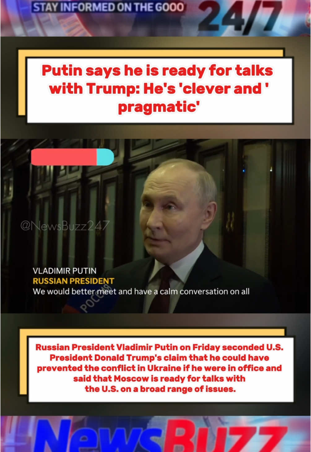 Russian President Vladimir Putin on Friday seconded U.S. President Donald Trump's claim that he could have prevented the conflict in Ukraine if he were in office and said that Moscow is ready for talks with the U.S. on a broad range of issues.   #putin #trump #news #russia #trumpvsbiden #trumpvsputin #putin #russian #president #politicallyincorrect #tiktoknews #russiannews #followformore #fyf 
