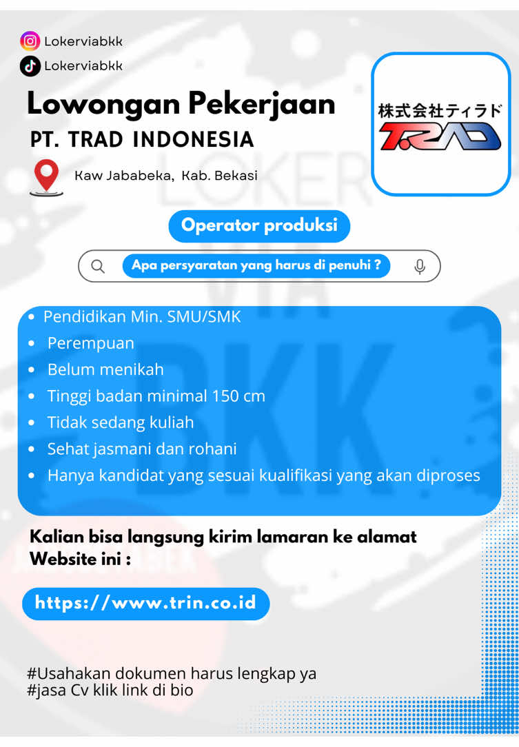 Silahkan daftar selagi link masih bisa di akses PT T.RAD Indonesia terletak dikawasan Industri terkemuka di Indonesia yakni Jababeka, Cikarang, Jawa barat.  PT T.RADpIndonesia  memiliki prinsip