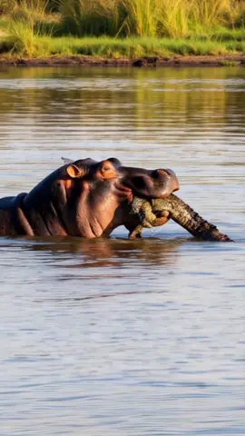 Hippo attacks crocodile!!! #animals #crocodile #hippo #hippopotamus 