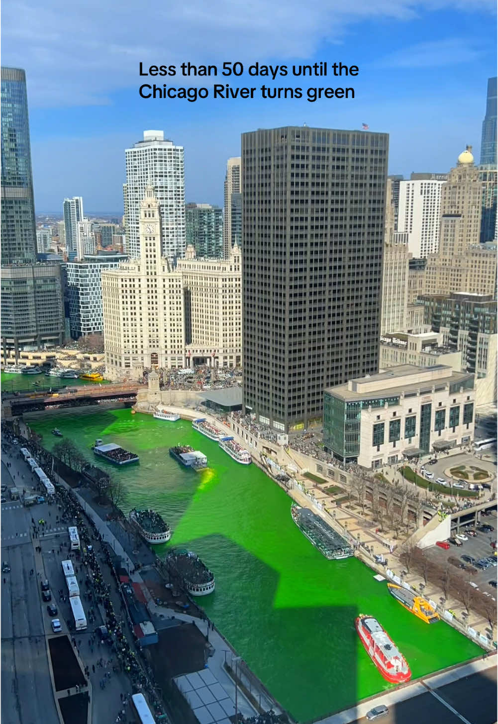 The Chicago River will be dyed green on Saturday March 15th, 2025!! 🍀 #chicago #chicagotiktok #chicagobucketlist #thingstodoinchicago #stpaddysday 