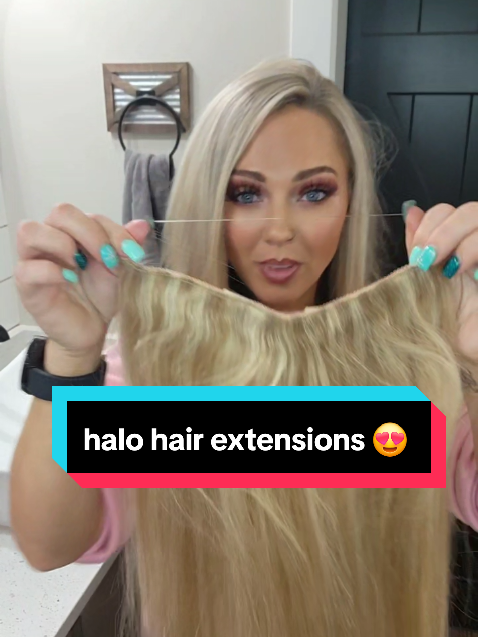 Sunny hair is my favorite! you can straighten, curl, crimp whatever you want! perfect fullness! #halohair #blonde #hairextensions #beauty #foryoupage #40andfabulous #countrygirl #blueeyes 