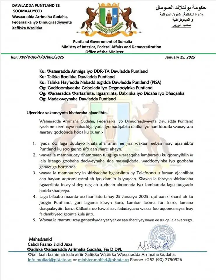 Puntland ayaa awaamiir dul-dhigtay ajaaniibta; iyada oo la joojiyey in ay bilaa sharci [Visa la'aan] ku joogaan, waxa kale oo la joojiyey tuugsiga laga sameeyo goobaha dadweynaha iyo in taleefanno loo furo ruux aan haysan aqoonsi. #puntland #boosasopuntland🇸🇱 #garowe_puntland_🇸🇱🇸🇱 #somalitiktok 