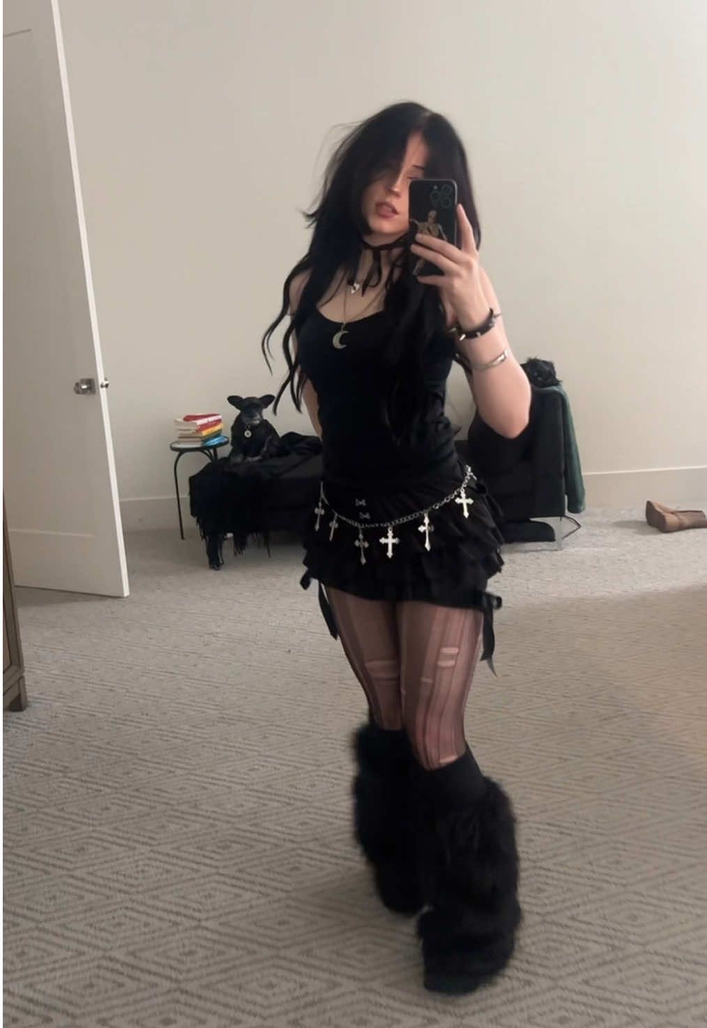 i love fuzzy leg warmers 😼 #darkoutfit #outfit #fit #fitcheck #fyp #legwarmers #macandcheese #alternative #alt #alternativegirl #emogirl #emo #goth 