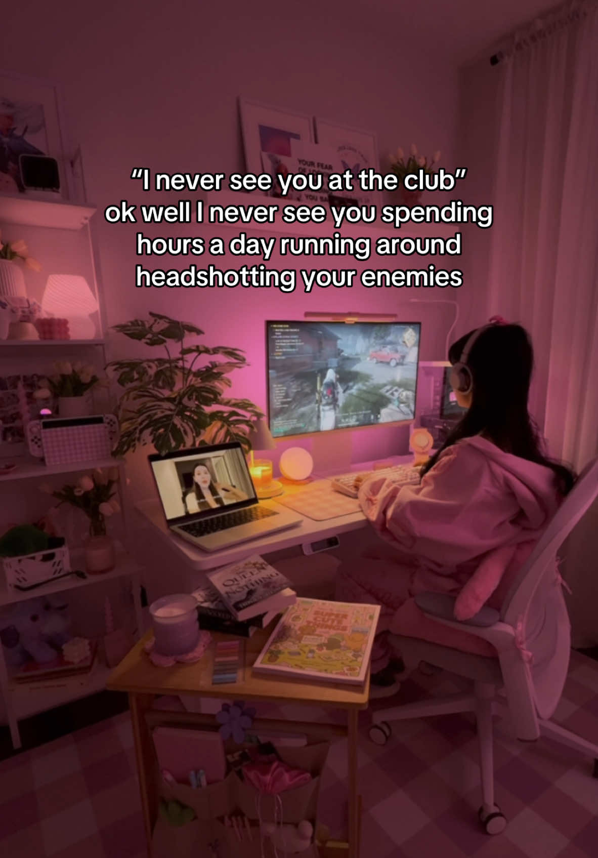 our priorities just look different #girlgamers #girlgamerfyp #gamerhumor #gamerfyp #desksetup #desksetupfinds #pinkdesksetup #pinkdeskdecor #pinkgamingsetup #pinkgamingaesthetic #oncehuman #thewizardliz 