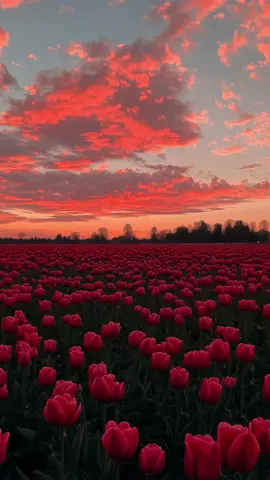 A sea of tulips under a fiery sunset sky. 🌷🌅 Nature’s canvas never fails to amaze. Which color brings you peace? #fyp #foryou #TulipFields #SunsetGlow #NatureLovers #FlowerMagic #ScenicViews #BloomSeason #PeacefulNature #InstaFlowers #DreamyLandscape #TravelGoals #NatureInspiration 