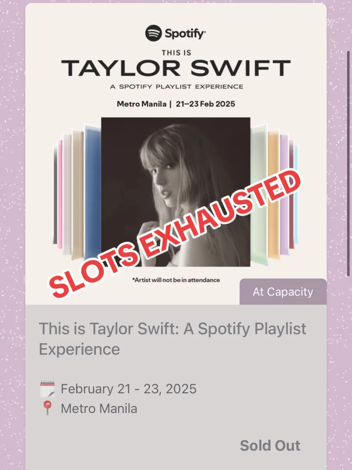 Slots are now exhausted for the Manila leg of the This is Taylor Swift: a Spotify Playlist Experience starting Feb 21, 2025! 🇵🇭 Were you able to secure tickets? 🎫 location will be revealed soon #taylorswift #spotifyph 