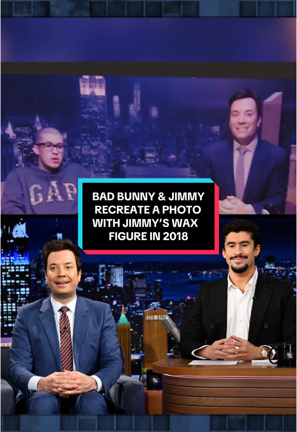 @Bad Bunny and Jimmy continue the tradition by recreating his photo with Jimmy’s wax figure back in 2018 🤣 @MadameTussaudsUSA #FallonTonight #TonightShow #BadBunny #BadBunnyOnFallon #DtMF #MadameTussauds #JimmyFallon  