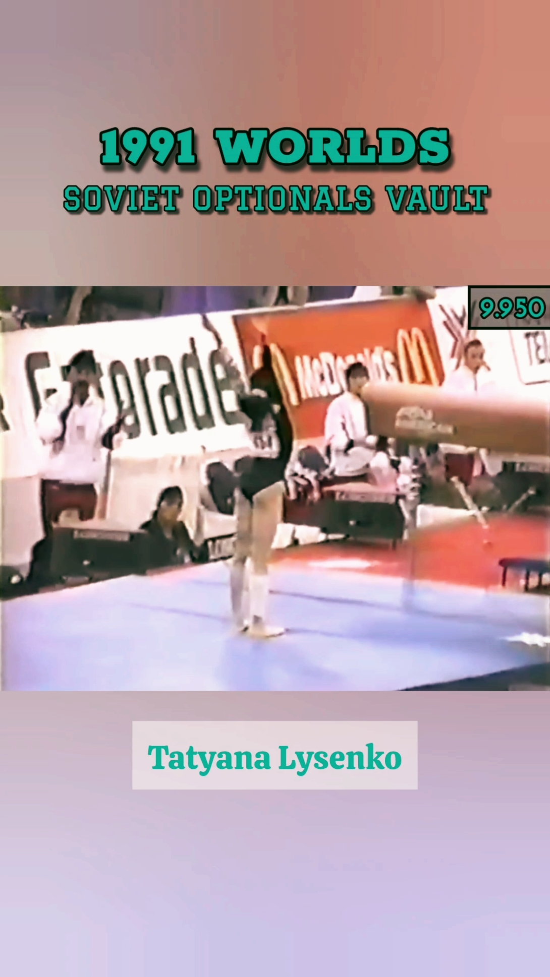 Per usual, the Soviets were in a class of their own on vaulting at the 1991 World Gymnastics Championships in Indianapolis 🇺🇸. While the vast majority of top teams were performing a layout full-twisting Yurchenko, the Soviets had three gymnasts performing a Yurchenko entry vault with a DOUBLE twist (Kalinina, Lysenko, Gutsu). Both vaults were out of a 10, but the Soviet Way was to show what is possible in sport. Two gymnasts (Galiyeva, Chusovitina) showed a traditional handspring entry vault—again rare to see as a preferred vault. Only team captain, veteran Svetlana Boginskaya, performed the easier FTY—which she did near faultlessly. I have used what I détermined to be the better of the two vaults for each gymnast, alongside its corresponding score. For Lysenko and Chusovitina, their second vaults scored higher (9.975 and 9.925 respectively). #gymnastics #gymnasticsvideos #womensgymnastics #gymnasticstiktok #gymnasticshighlights #gymnasticsthrowback #gymnast #gymnastique #gimnasia #gymnastic #gymnastik #гимнастика #olympics #olympicgames #usagymnastics #gymnasts #bestgymnastics #bestgymnast #sovietgymnastics #soviet #sovietunion #vault #1991worlds 