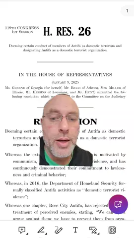 H. Res. 26 (IH) - Deeming certain conduct of members of Antifa as domestic terrorism and designating Antifa as a domestic terrorist organization. https://www.govinfo.gov/app/details/BILLS-119hres26ih/related RESOLUTION Deeming certain conduct of members of Antifa as domestic terrorism and designating Antifa as a domestic terrorist organization. Whereas the extremist organization Antifa is motivated by communism, anarchism, socialism, and violence, and has continuously demonstrated their commitment to lawlessness and criminal behavior; Whereas, in 2016, the Department of Homeland Security formally classified Antifa activities as ‘‘domestic terrorist violence’’ #antifa #antifascism #antifaschist #socialist #communist #anarchist #antiracism 