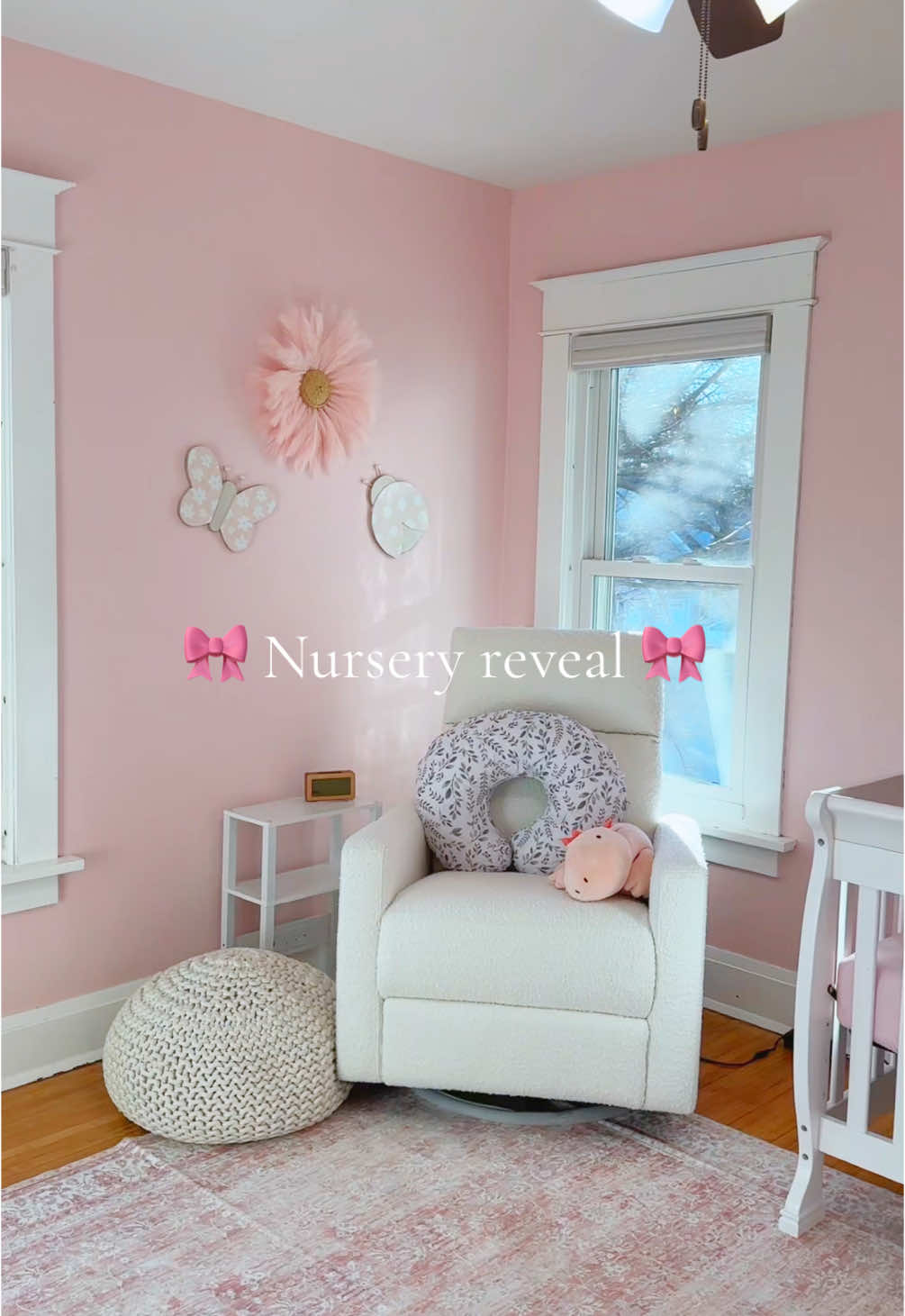 So happy to be able to share the full nursery with yall🥹🩷 our glider plus is from @Nurture& 🤍 #pregnant #pregnantlife #pregnanttiktok #momtobe #nurserydecor #nursery #babygirl 