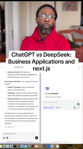 ChatGPT vs DeepSeek R1: AI Coding Showdown for Business Apps (Next.js Front-End Build) | Part 3 Witness the ultimate AI battle! Watch ChatGPT and DeepSeek R1 compete to build a 3-panel coaching interface using Next.js.  Discover which AI nails Lean Canvas modeling, front-end code generation, and v0.dev prototyping for business productivity. Perfect for developers, product managers, and AI enthusiasts! #ChatGPT #DeepSeek #AIComparison #NextJS #LeanCanvas #AICoding #ProductivityTools #v0Dev #AIPrototyping #BusinessAutomation #ai #hoffdigital #hillmantok #tiktokuniversity 