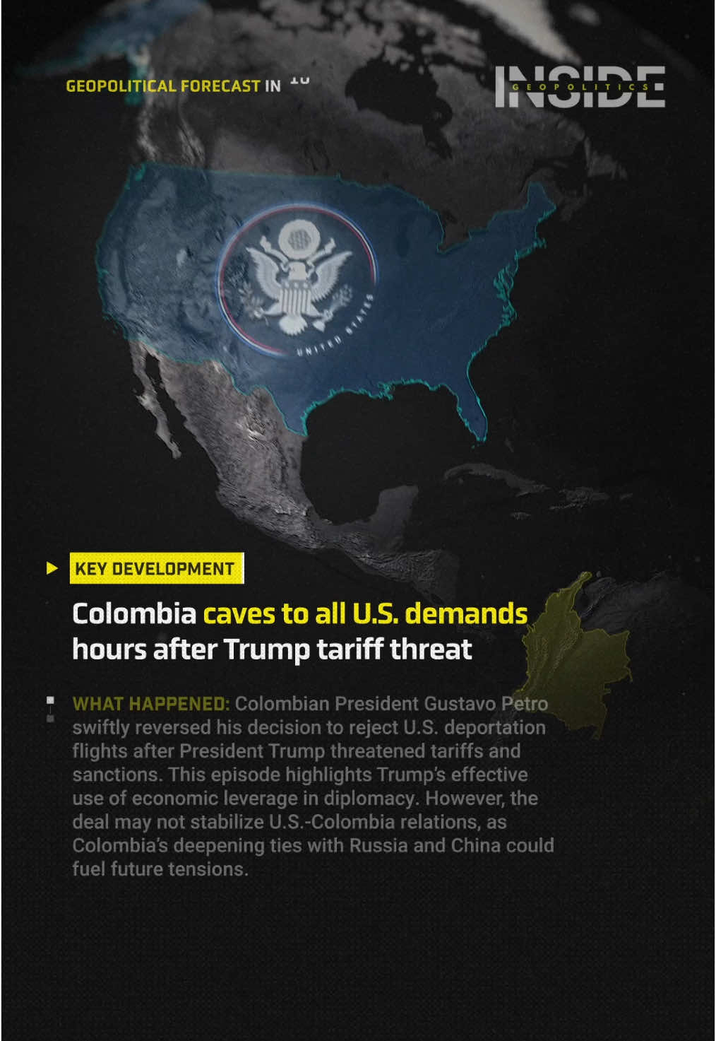 Jan 27, 2025 | Colombian President Gustavo Petro swiftly reversed his decision to reject U.S. deportation flights after President Trump threatened tariffs and sanctions. This episode highlights Trump’s effective use of economic leverage in diplomacy. However, the deal may not stabilize U.S.-Colombia relations, as Colombia’s deepening ties with Russia and China could fuel future tensions. | Forecast and data by @Polymarket |  #geopolitics #Colombia #Trump