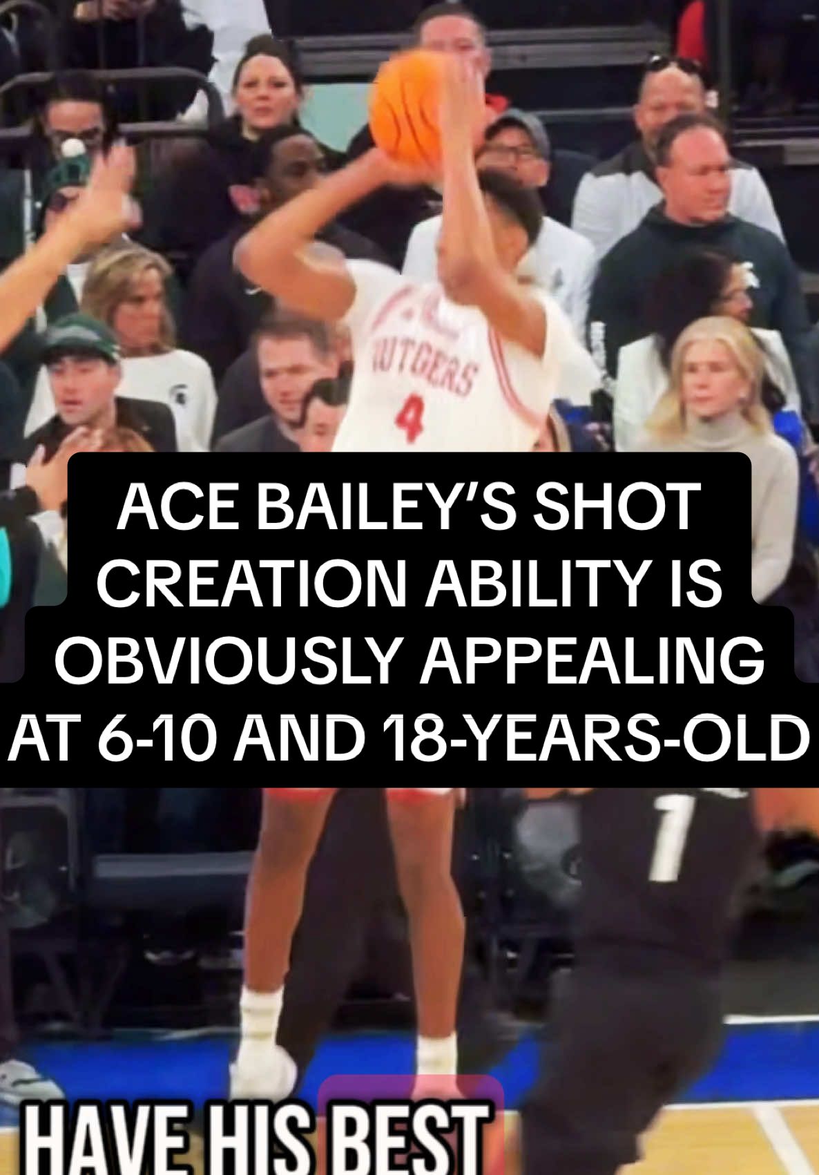 Ace Bailey struggled to really get going against Michigan State but the few shots he did make were impressive. Finished with 18 points and 9 boards on 4/17 from the field in the loss at MSG #draftexpress #nbadraft#acebailey#rutgers#collegebasketball#basketball#bball#NBA 