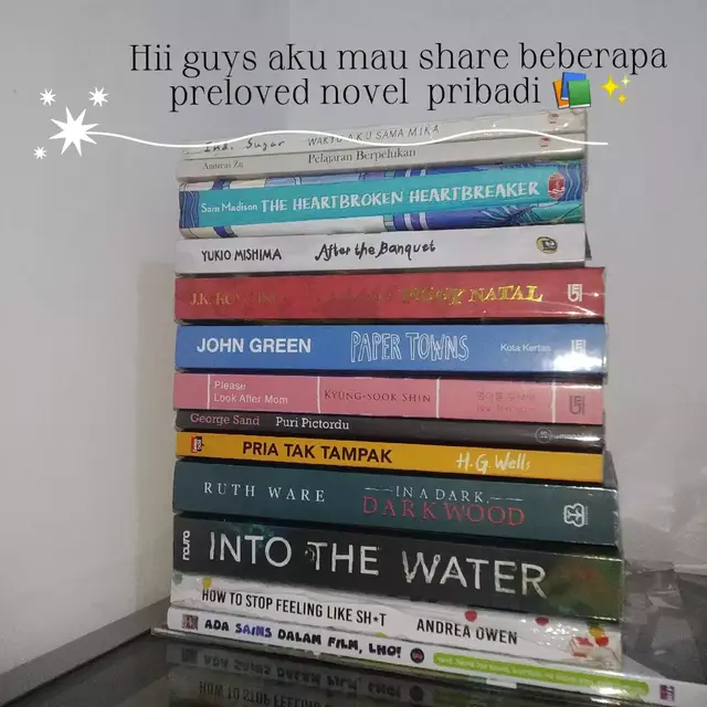 Detail pricelist langsung cek shopee di bio yaa 📚 #book #BookTok #prelovedbooks #secondbook #wts #bookish #thriftbooks #fyp #bookslover #yukiomishima #paulahawkins #hgwells #johngreen #kyungsookshin #pleaselookaftermom #papertowns #afterthebanquet #theinvisibleman 