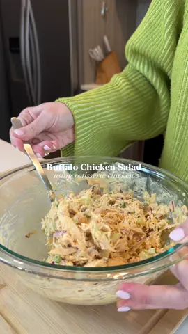 Buffalo Chicken Salad made in collaboration with @Whole Foods Market . I love grabbing my favorite rotisserie chicken on Tuesday when it’s $2 with Prime. Not only is it great for making chicken salad, but perfect on top of salads, add to soup, use for enchiladas and so much more! Picking up one of the rotisserie chickens is a great budget friendly way to make it into a couple meals for the week too!  Tap the link in my bio for more #WaystoSaveatWFM #WholeFoodsMarket