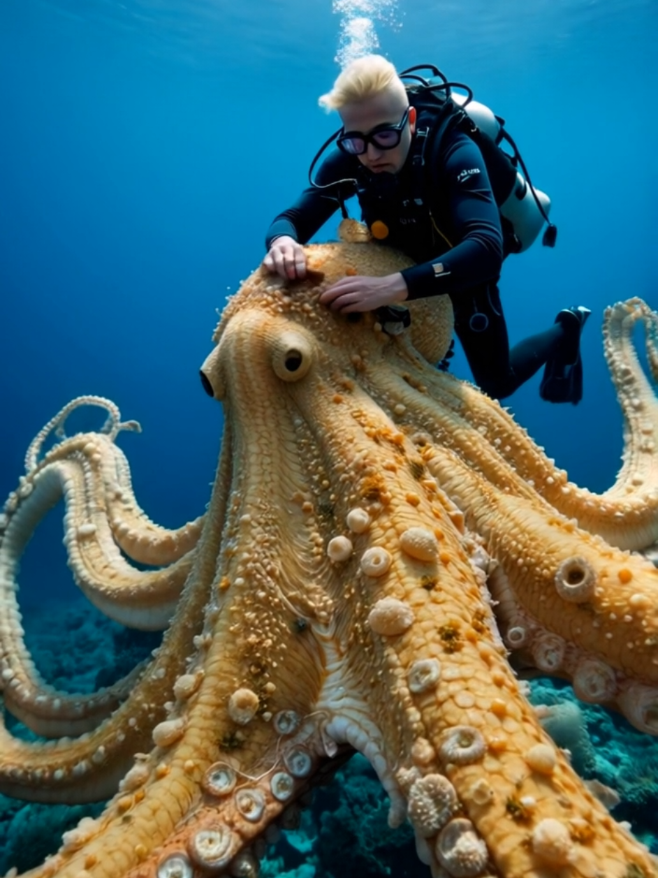 Watch this incredible rescue as a diver gently cleans an octopus covered in barnacles and parasites. 🌊✨  A beautiful reminder of the connection between humans and marine life! #OceanLife #Octopus #MarineConservation #aigenerated #barnacles #parasites