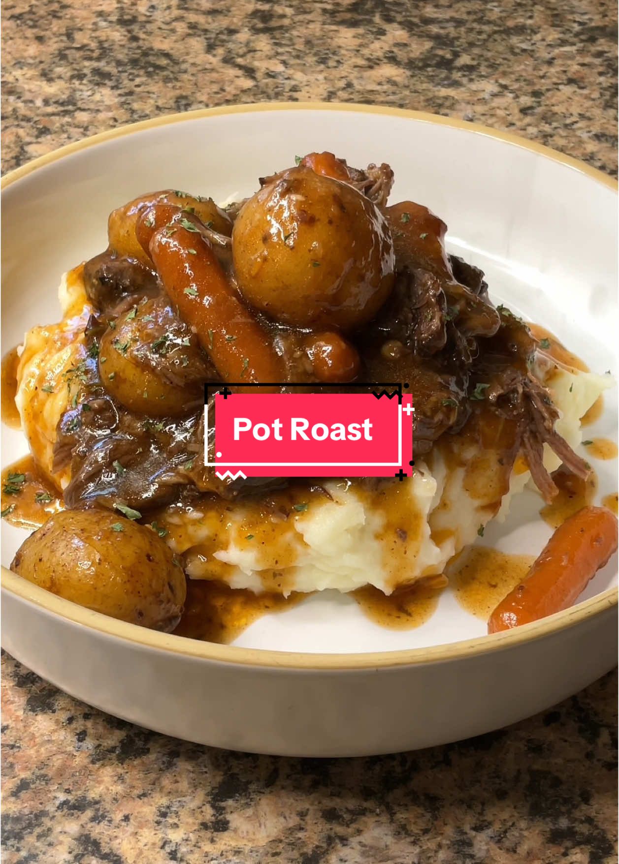 This Oven Baked Sunday Pot Roast is sure to be a family favorite! #potroast #sundaydinner #familydinner #roast #comfortfood #food #roastbeef #yum #familyrecipe 