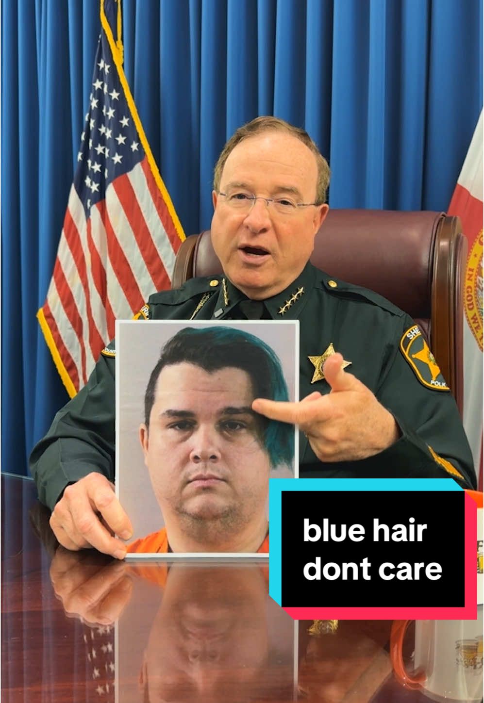 Dude came to Polk with Oregon warrants for child sex abuse. With blue hair. Come on, man. #polksheriff #morningbriefing #gradyjudd #bluehairdontcare 