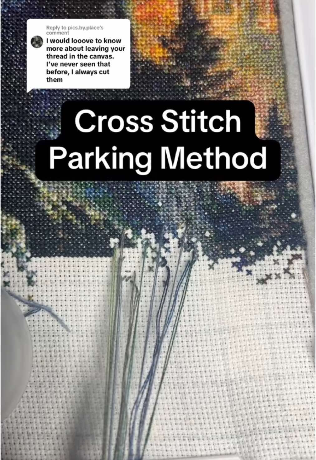 Replying to @pics.by.place quick explanation of the parking method. Let me know if you would like a more in depth tutorial ☺️ #crossstitch #fiberart #crossstitching 