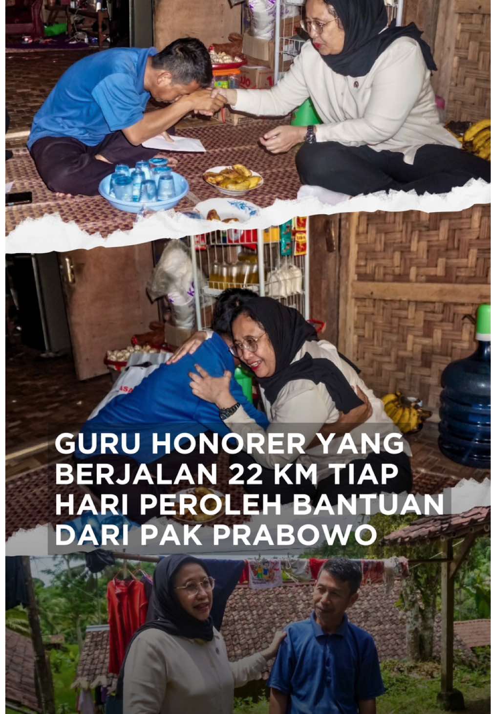 Sosok guru honorer bernama Empan Supandi menggugah hati banyak orang lantaran perjuangannya yang luar biasa demi bisa mendidik anak bangsa. Demi mengajar di MTs Thoriqul Hidayah di Kecamatan Jampang Tengah, Kabupaten Sukabumi, Empan Supandi rela berjalan kaki sejauh  22 kilometer setiap hari (berangkat dari rumahnya ke tempat mengajar 11 KM dan pulang 11 Km , jadi bolak -balik Pak Empan berjalan kaki 22 KM), padahal dia hanya digaji 200 ribu. Melalui Yayasan Gerakan Solidaritas Nasional  (YGSN) Pak  Presiden  Prabowo memberikan bantuan modal usaha dan juga akan menambah gaji  untuk Pak Guru Empan setiap bulannya. Modal usaha dari Pak Prabowo itu diantar langsung ke ruman Empan Supandi di kampung Ciguha, Kecamatan Jampang Tengah, Kabupaten Sukabumi, oleh Wakil Ketua YGSN Nanik S Deyang yang juga Wakil Ketua Badan Percepatan Pengentasan Kemiskinan (BP Taskin), Senin (27/1). Dengan menempuh perjalanan 5 jam lebih dari Jakarta ke rumah Empan karena jalanan yang rusak parah di Kecamatan Cisaat dan Kecamatan Jampang Tengah yang menjadi jalur menuju rumah Empan, akhirnya Tim YGSN harus meninggalkan mobil di pinggir jalan dan menyambung dengan dibonceng motor menuju ke tempat tinggal Empan. Rumah Empan yang berada di ujung jalan itu memang terlihat reot,11-12 dengan  rumah-rumah para  tetangganya yang rata-rata hanya menjadi buruh tani atau menjadi petani kecil. Di rumah panggung yang hampir  ambruk itu , Empan yang diceraikan istrinya sejak tahun 2015, tinggal dengan dua anak perempuan, yang satu sudah menikah dan yang kecil masih SMP.  Saat Tim YGSN tiba di rumah Empan,  terlihat  di halaman rumahnya  ada sepeda motor baru yang ternyata diberikan oleh Relawan Sehati. Memang sejak video yang mengunggah keseharian Empan berjalan kaki untuk mengajar sejauh 22 KM bolak -balik  menjadi viral,  banyak pihak yang bersimpati kepada Empan. Pak Empan yang berusia 51 tahun layak disebut  PAHLAWAN pendidikan, meski dengan segala keterbatasan, dimana jangankan motor, sepeda ontel dan handphone saja dia tidak punya. Namun semangatnya untuk memberikan ilmu kepada anak -anak di Kecamatan Jampang Tengah, Sukabumi tidak perbah surut.  Selama 13 tahun ini, Empan yg sebetulnya hanya lulus paket C (sederajat SLTA) rela berjalan kaki setiap hari untuk mengajar dari mulai olaraga, sejarah Islam, hingga saat ini mengajat Bahasa Inggris sekitar 50 murid di Mts Thoriqul Hidayah. Saat ditanya kok dia bisa mengajar bahasa Inggris? Empan jujur mengaku, bahwa dia sama sekali tidak pernah sekolah atau kursus bahasa Inggris, hanya dia pernah punya pengalaman kerja di perusahaan Korea saat muda dulu, dan pernah  beberapa waktu  menemani seorang bule memancing, sehingga dia sedikit -sedikit bisa berbahasa Inggris. Belakangan dengan meminjam handphone anaknya, Empan kadang-kadang belajar bahasa Inggris lewat youtube. “Soalnya di sekolah gak ada guru bahasa Inggris , jadi saya disuruh mengajar bahasa Inggris sama teman-teman,” kata Empan yang memenuhi kebutuhan hidupnya  dengan berjualan sayuran hasil sawah tetangtanya saat libur  mengajar Sabtu dan Minggu. Setelah viral, dan dapat bantuan motor dari relawan Sehati, Empan sekarang diantar oleh menantunya untuk pergi  ke sekolah dan pulangnya dijemput. Saat dipanggil Gubernur Jabar terpilih Dedi  Mulyadi, dan diwawancara di kanal youtube  sang Gubernur, Empan dikasih modal 5 juta yang sekarang mulai digunakan anaknya untuk berdagang sembako kecil -kecilan di rumahnya. Meski belum diwujudkan, Dedi juga menjanjikan  uang 100 juta untuk memperbaiki rumah Empan  yang hampir ambruk. Sementara itu, selain memberikan bantuan modal pada Empan, YGSN juga menbagi tas sekolah, alat tulis, buku dan makanan (roti)  pada anak-anak di kampung Pak Guru Empan. #fyp #prabowosubianto #prabowogibran #bptaskin #ygsn 