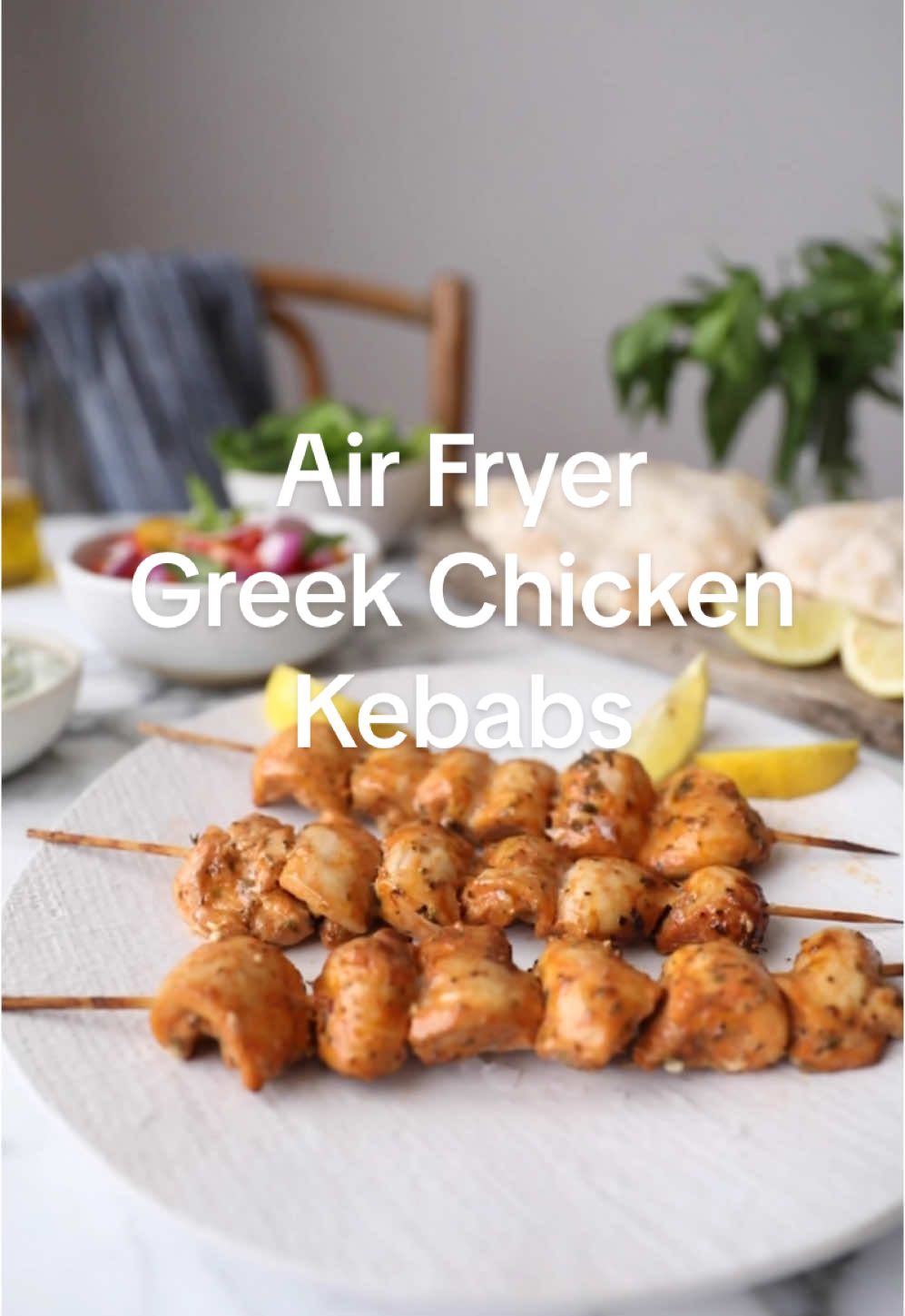 These are my most delicious and succulent Greek chicken kebabs made easily in an Air.
 Fryer.
 
First, you make your marinade, and I like to pound with garlic lemon zest, thyme and mint in a pestle and mortar to release the aromatics.   Then add the rest of the ingredients along with the chicken thighs and allow that to marinate overnight.
 
 Yoghurt makes the chicken so succulent. Thread on skewers and fry for 13 minutes. squeeze over lemon juice and serve it with tomatoes and red onions.
 
 You'll find this easy dinner recipe along with my easy flatbread recipe linked in my profile and I hope you love it. 
 
 #Recipe #chicken #AirFryer #chickenrecipes #healthyrecipes #EasyRecipe 
