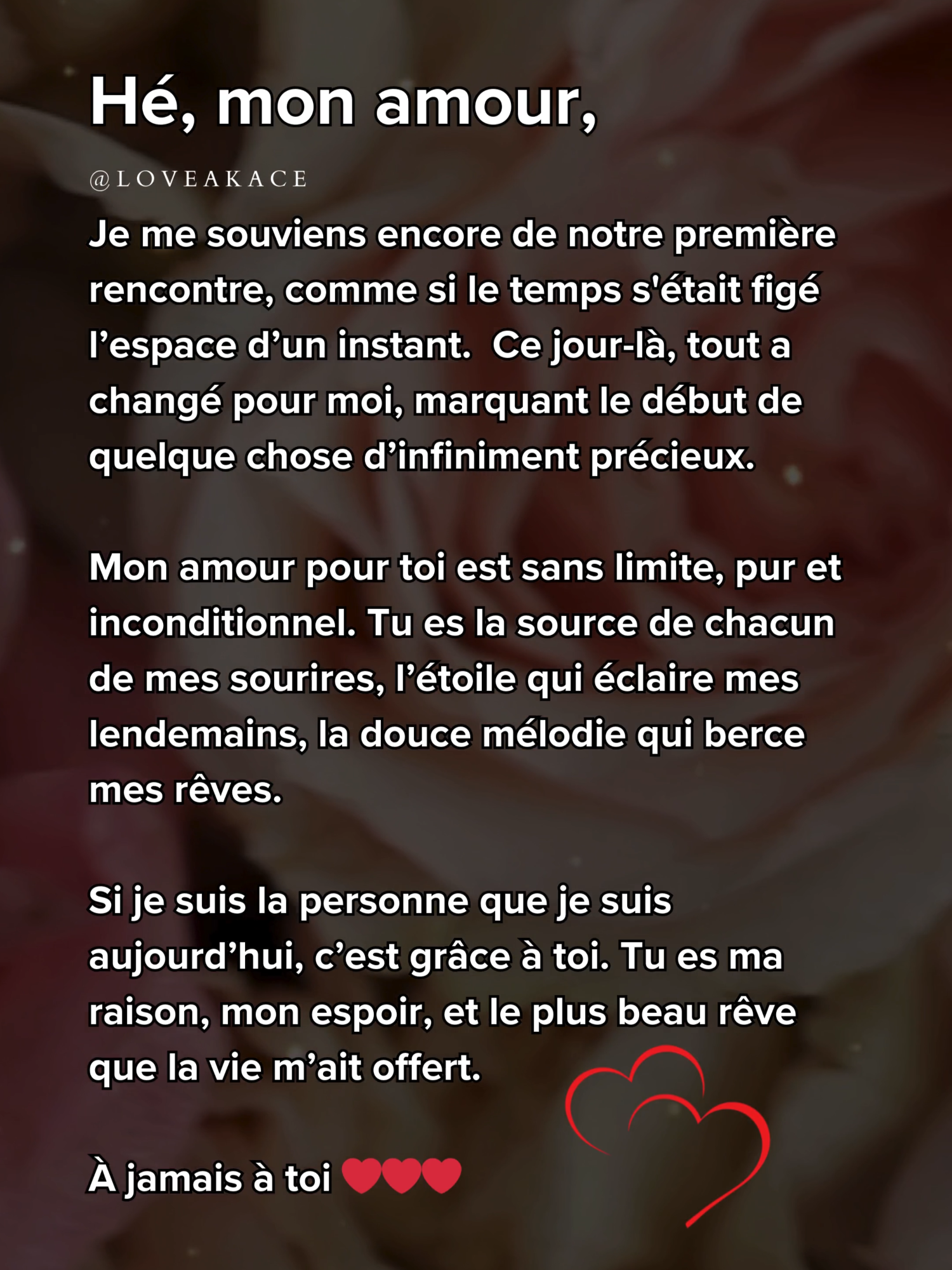 Hé, mon amour, Je me souviens encore de notre première rencontre, comme si le temps s'était figé l’espace d’un instant ❤️ . . #motsdamour #messagedamour #textedamour #declarationdamour #promessedamour #amourinfini #amoureternel #jetaime #monamour #monhomme #mavie #amoureux #amoureuse #amourinconditionnel #romantique #romance #loveakace #akace #akacesylso