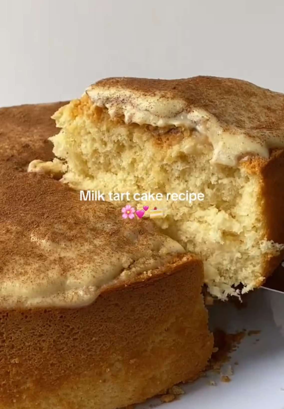 Milk tart cake recipe 🍰 INGREDIENTS  6 XL eggs  1/2 + 1/4 cups sugar  1/2 tsp cream of tartar  1 tsp vanilla essence 1/4 tsp salt  1/2 cup milk  1/4 cup oil  1 cup flour 1 1/2 tsp baking powder  METHOD  1. Separate the eggs into two bowls—one for the yolks and one for the whites. 2. In the bowl with the egg yolks, add 1/4 cup of sugar, salt, essence, oil, and the milk. Whisk everything together. 3. Sift in the baking powder and cake flour, then gently mix the mixture with a whisk until combined. 3. In the bowl with the egg whites, add cream of tartar. Beat the whites with an electric mixer on high speed until foamy. Gradually add the remaining sugar, one spoon at a time, and continue beating until stiff peaks form. 3. Take about a cup of the beaten egg whites and gently fold it into the flour batter using a spatula. Once combined, fold this mixture into the remaining egg whites.  4. Pour the batter into prepared baking pans and tap the pans firmly on the counter three times to release air bubbles. 5. Bake at 160°C (320°F) for about 35 minutes, or until a toothpick inserted in the center comes out clean. Let the cakes cool in the pans for 15 minutes before removing. Milk tart recipe  INGREDIENTS  1 ½ cups milk 2 egg yolks 3 tablespoons sugar 4 teaspoons flour 1 teaspoon vanilla essence METHOD 1. In a medium saucepan, combine the milk, egg yolks, sugar, and flour. 2. Whisk the mixture well to ensure there are no lumps. 3. Place the saucepan over medium heat and cook, stirring continuously, until the mixture thickens to a custard-like consistency. 4. Remove from heat and refrigerate. #baking #baketok #bakingtiktok #milktart #milktartcake #baker #recipesoftiktok #Recipe #girltheraphy #bakingtherapy #cakelover #EasyRecipe #tiktoksouthafrica #bakersoftiktok #tiktoksouthafrica #cakerecipe #vanillacake #vanillasponge #bakingtherapy #fyp 