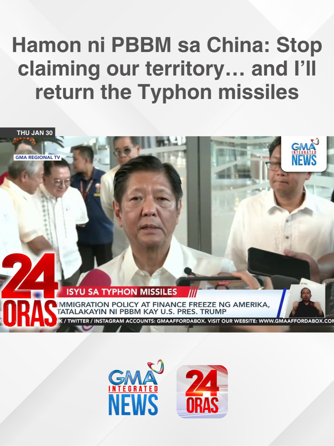 Itigil ng China ang pag-aangkin at pangha-harass sa Pilipinas at ibabalik naman ng Pilipinas ang Typhon missile sa Amerika. ‘Yan ang hamon ni Pangulong Bongbong Marcos sa China. Kasunod ito ng pag-alma ng China sa pananatili sa Pilipinas ng Typhon missile system ng Amerika na inilipat kamakailan sa isang sikretong lokasyon. Ang pahayag na ‘yan ng pangulo, sa gitna ng patuloy na pananatili at pag-ikot ikot ng mga barko ng China Coast Guard sa Bajo de Masinloc at pagtatangka pang makalapit sa Zambales. | 24 Oras #BreakingNewsPH #GMAIntegratedNews #24Oras