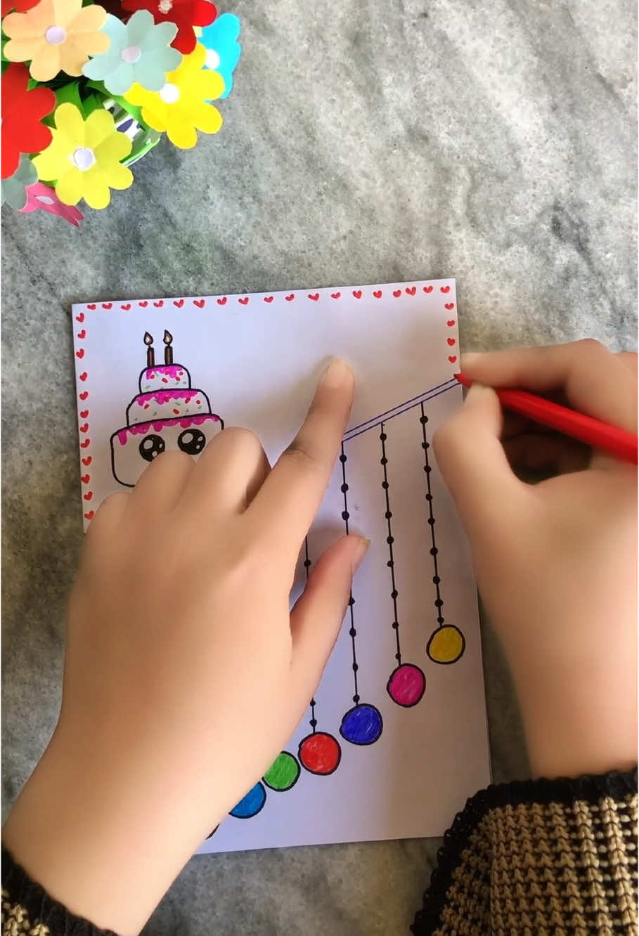 A new birthday card with cake DIY tutorial step by step for a gift on a single white page #unfreezemyacount #unfreeze #foryoupage #creativeideas #birthday 