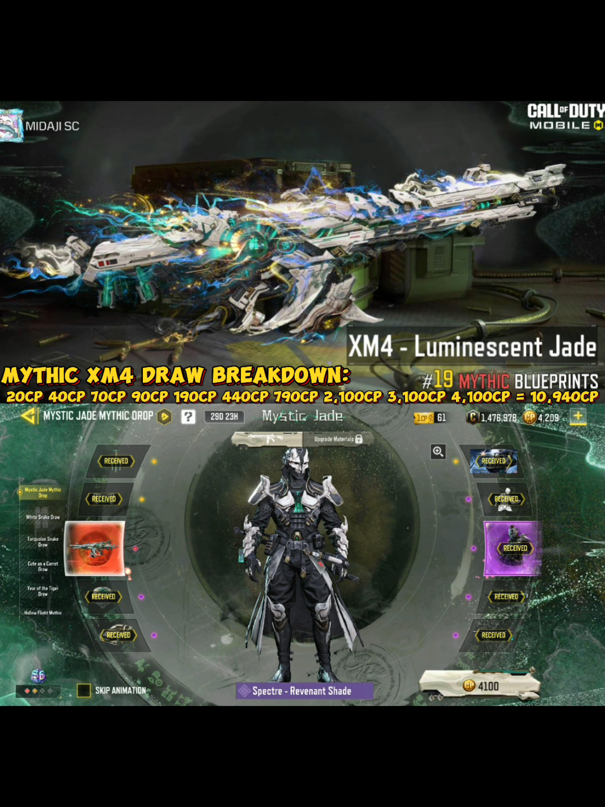 MYSTIC JADE MYTHIC DROP BREAKDOWN XM4 - LUMINESCENT JADE #codm #draw #mythic #xm4 #callofduty #callofdutymobile #breakdown #garena #codmgarena #spectre #attachment 