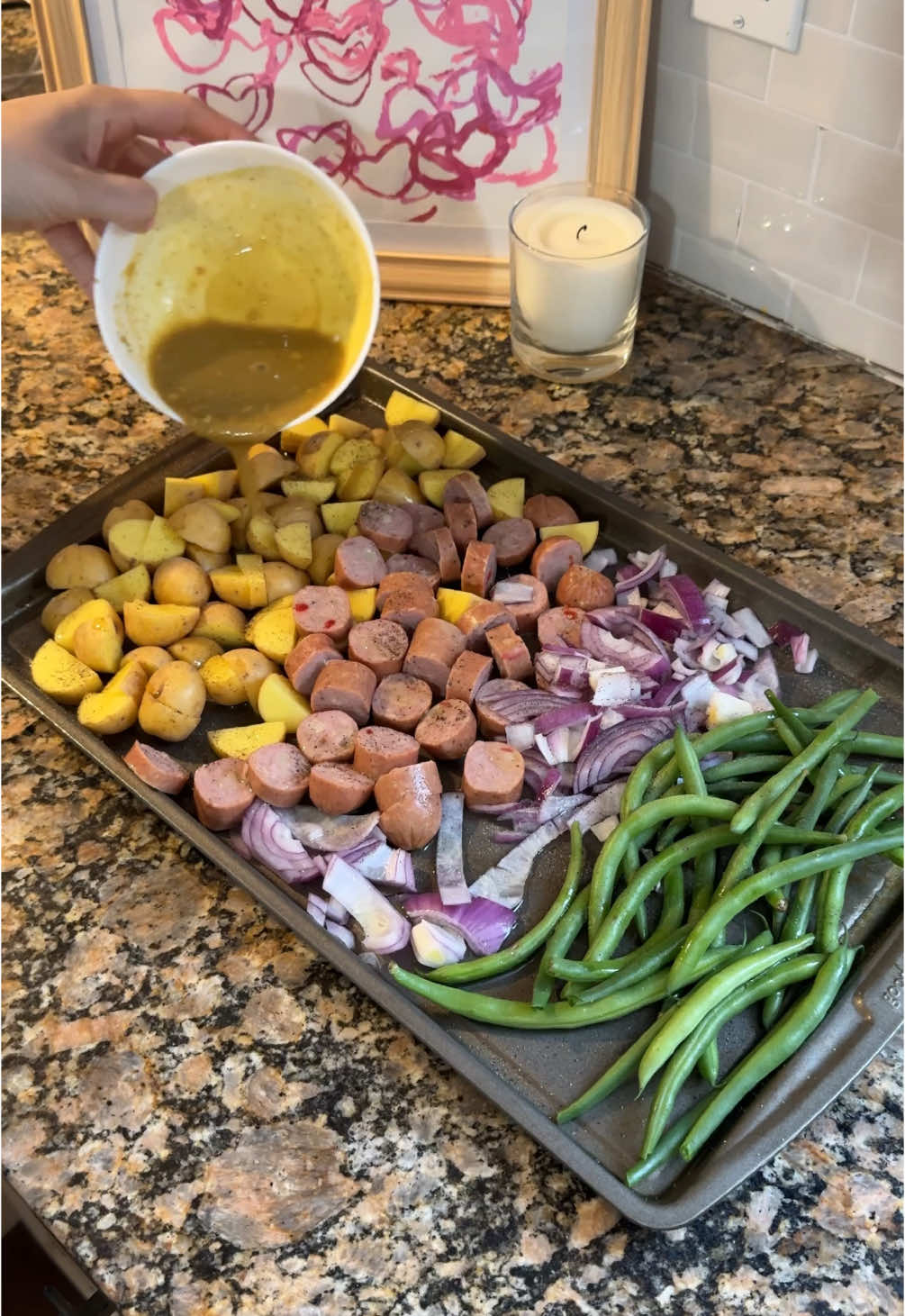 I’ll definitely be making this again 👏 Honey Mustard Chicken Sausage Sheet Pan Ingredients: Chicken Sausage Potatoes Onion Green Beans Maple Syrup Dijon Mustard Olive Oil Salt, Pepper, Garlic Powder Bake at 400* for 25-30 minutes! Ty @Meag for the recipe!  #easydinner#easydinners#budgetmeals#cheapdinner#easydinnerideas#sheetpanmeals#sheetpandinner#busymom 