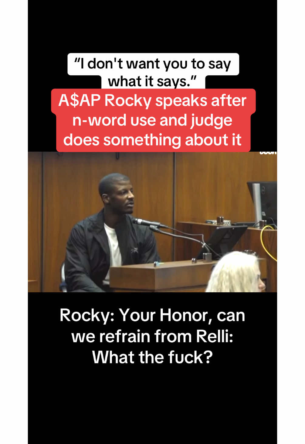 The audience was cringing all over the place this morning in A$AP Rocky’s trial as lawyers and even the judge said the n-word (with an a) while referencing text messages being used as evidence in trial. The first round of it happened during a discussion that wasn’t live streamed, but I was in the courtroom for it and Rocky’s lawyer Joe Tacopina, Deputy District Attorney John Lewin and Los Angeles County Superior Court Judge Mark S. Arnold each said the word, and it happened again when Tacopina was cross-examining alleged shooting victim Terell “Relli “Ephron. Rocky eventually spoke up as Tacopina and Relli went back and forth. Arnold cut him off and told him to talk to his counsel, then later told all attorneys to only say “n-word” from here on out. You can watch more of Tacopina’s cross of Relli here @Meghann Cuniff. Relli is back for more cross tomorrow (Friday, January 31) at 10:30 am PST.  #asaprocky #law #crime #legal  #celebrity #news 