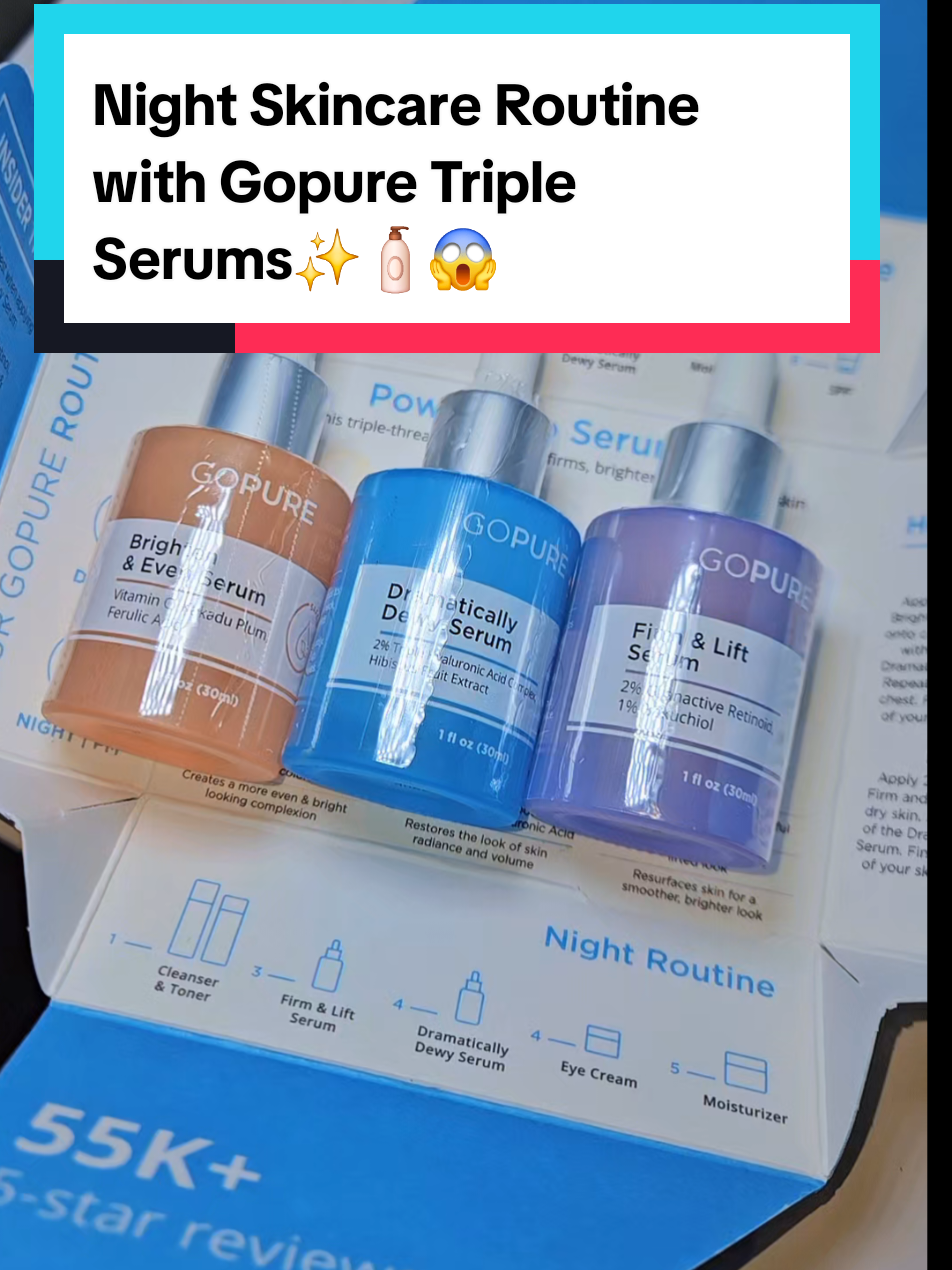 Night Skincare Routine with the GoPure Triples Serums ✨🌙 🧴 #Skincare #NightRoutine #Beauty #Serums #GoPureset ✨️🧴✨️  #creatorsearchinsights #valentinesdaygift #jumpstartsale #jumpstart  #skincareroutine  #skincaretips  #SkinCare101 #kbeauty #kbeautyskincare #kbeautyproducts #skincareasmr  #blackskin   #asmr  #grwmroutine 